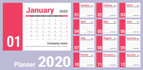 2020 calendar. English calender. Сolor vector template. Week starts on Sunday. Business planning. New year planner. Clean minimal table. Simple design