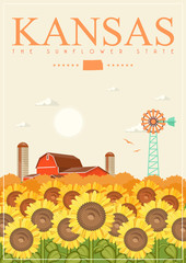 Kansas is a US state. Vector concept of tourist postcard and souvenir. Beautiful places of the United States of America on posters. - 250022512