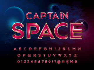 SuperHero font. Metallic effect letters and numbers on an universe background.