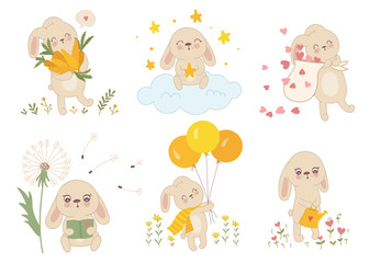Vector sticker collection with cute spring rabbits