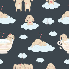 Vector seamless pattern with cute rabbits and clouds
