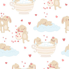 Fototapeta premium Vector seamless pattern with cute rabbits and hearts