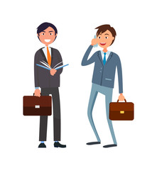 Businessman in formal wear speaking on telephone and executive worker with open book vector business people. Workers in suits, male cartoon characters