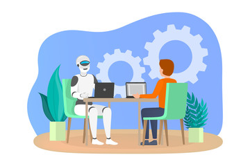 Man and robot working together in office.