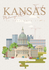 Kansas is a US state. Vector concept of tourist postcard and souvenir. Beautiful places of the United States of America on posters.