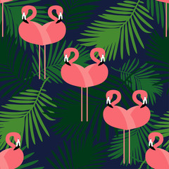 Obraz na płótnie Canvas Seamless background of Pink Flamingos in palm forest. Flamingo mosaic. Cute cartoon. Vector illustration. Can be used for wallpaper, textile, invitation card, wrapping, web page background.
