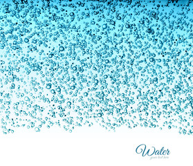 Oxygen bubbles in clear blue water, close-up. Mineral water. Water enriched with oxygen.
