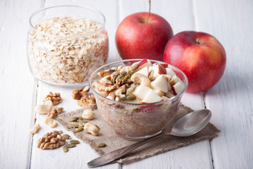 Homemade Bircher Muesli with nuts and apples