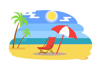 Fototapeta na wymiar Summer beach with recliner under umbrella near sea. Palm trees, sun in blue sky, golden sand beside ocean or bay cartoon vector illustration isolated.