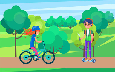 Students teenagers on bike and hoverboard vector. Female and male teen people in park, biker wearing helmet and person riding gyroscooter with vape