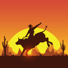 Rodeo cowboy riding bull at sunset, vector