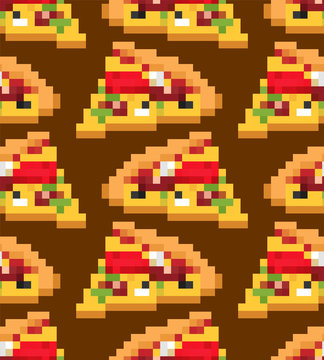Pizza pixel art pattern seamless. Fast food 8bit background. Video game Old school digital graphics ornament