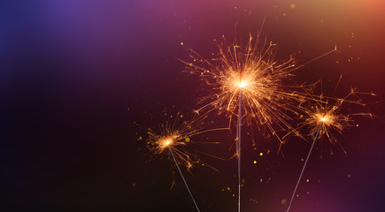 Party sparklers banner. Bengal fire burning with sparks and magic glitter glow.