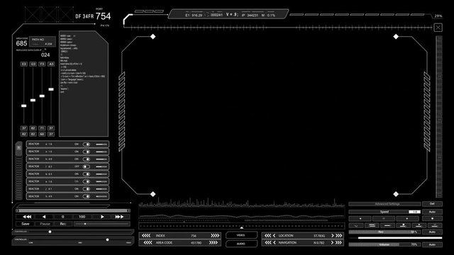 Seamless User Interface HUD template.Black and white for Alpha channel use.Futuristic technological Digital Data and infographic elements.Combine with your video.Type2