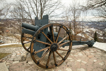 Fototapeta na wymiar Old rustic cannon from world war two. Region of Tara mountain in Serbia.