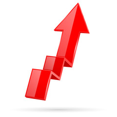Red indication arrow. Moving up 3d financinal sign