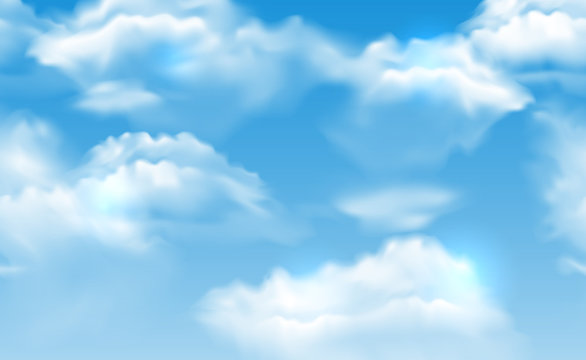 Vector realistic vibrant blue sky with fluffy white clouds seamless banner
