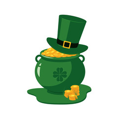St Patrick Day traditional symbols - green leprechaun hat and pot full of golden coins.