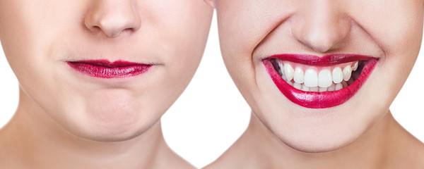 Collage of perfect smile with healthy teeth and red lips.