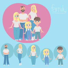 Happy young family. Dad, mom, son and 2 daughters together. Vector illustration in cartoon style.