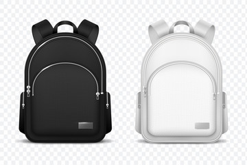 Fototapeta School backpack. Black and white rucksack. Front view travel bag. 3d vector mockup isolated. Illustration of school backpack, bag and schoolbag obraz