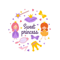 Cartoon character princess vector emblem with crown, magic wand, hearts. Illustration of character princess, fairytale magic, fashion tale