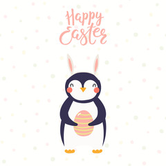 Hand drawn vector illustration of a cute penguin in bunny ears, holding egg, with text Happy Easter. Isolated objects on white background. Scandinavian style flat design. Concept for kids print, card.