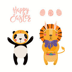 Hand drawn vector illustration of a cute lion in bunny ears, panda in chick costume, with eggs, text Happy Easter. Isolated objects on white. Scandinavian style flat design. Concept kids print, card.