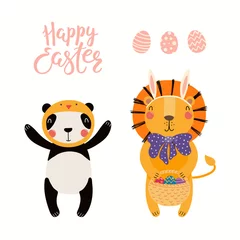 Wall murals Illustrations Hand drawn vector illustration of a cute lion in bunny ears, panda in chick costume, with eggs, text Happy Easter. Isolated objects on white. Scandinavian style flat design. Concept kids print, card.