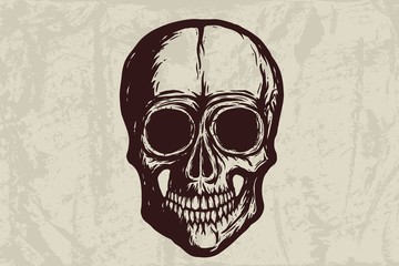 Human skull silhouette on grunge background. Hand drawn vector illustration. Tattoo skull or print design.