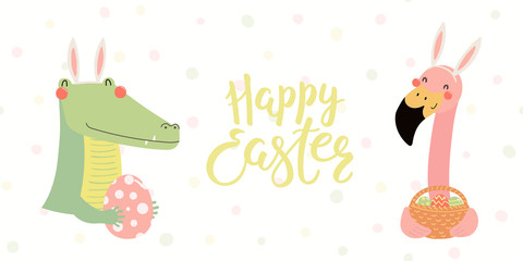 Hand drawn vector illustration of a cute flamingo, crocodile in bunny ears, with eggs, text Happy Easter. Isolated objects on white. Scandinavian style flat design. Concept for kids print, card.
