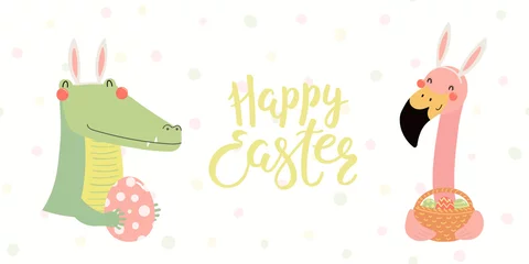 Wall murals Illustrations Hand drawn vector illustration of a cute flamingo, crocodile in bunny ears, with eggs, text Happy Easter. Isolated objects on white. Scandinavian style flat design. Concept for kids print, card.