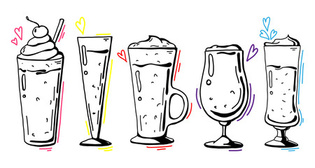 Set of different glasses, different cocktails. Vector illustration