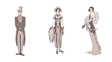 Art deco people set. Gatsby style set. Group of retro woman and man. design in 20's style. sketch style mafia and gangsters