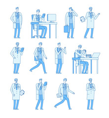Doctor man characters. Medicine people doctors dentist health manager vector line flat cartoon character set. Therapist and dentist, specialist doctor and manager worker in hospital illustration