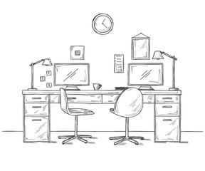 Open Space office. Workplaces outdoors. Tables, chairs. Vector illustration
