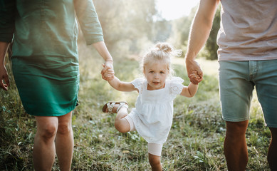 Fototapeta premium A midsection of young family with a small daughter walking in sunny summer nature.