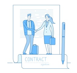 Electronic signature concept. Businessman lawyer contract meeting handshaking. Finance investments, smart contracts vector background. Illustration of business contract, electronic agreement
