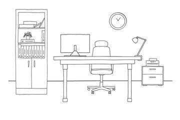 Sketch the room. Office chair, desk, various objects on the table. Sketch workspace. Vector