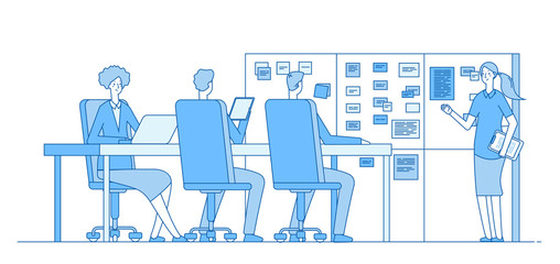 Planning board meeting. People training at task board inside office classroom. Teamwork business vector line concept. Illustration of meeting board, brainstorming and teamwork, training group