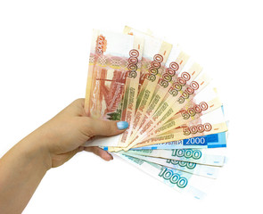 Russian passport with money isolated on white background. Russian rouble banknote cash.