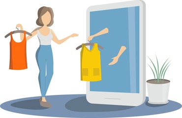 Online Shoping Concept. Girl trying on dresses.
