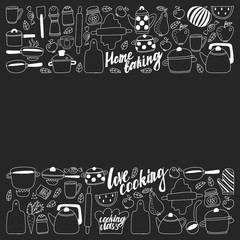 Vector set of icons in doodle style. Painted, black monochrome, chalk pictures on a blackboard.