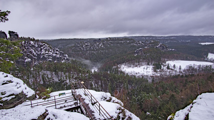 Wald im Nebel im Winter von der  Bastei Brücke im Nationalpark der sächsische schweiz,...