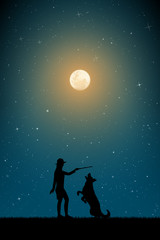 Girl trains dog on moonlit night. Vector illustration with silhouettes of woman and pet in park. Full moon in starry sky