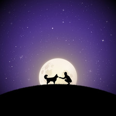 Girl with dog on moonlit night. Vector illustration with silhouettes of woman and pet on hill in park. Northern lights in starry sky. Full moon in starry sky