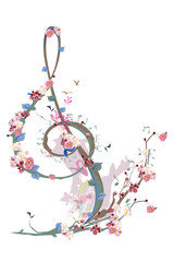 Abstract treble clef decorated with spring flowers, notes, birds. Hand drawn musical vector illustration.