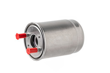 Chernivtsi/Ukraine - 12.27/2018: A new fuel filter enclosed in a metal casing with an inlet and outlet on fuel lines on a white isolated background. For Renault cars