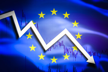 White arrow fall down on the background of the waving flag of EU (European Union)