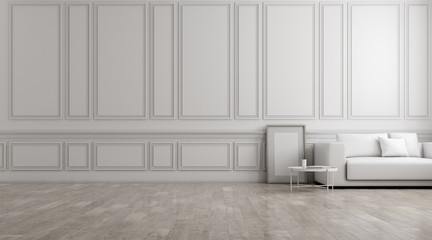 View of white living room in classic style with furniture on bright laminate floor.Perspective of minimal design architecture. 3d rendering.	